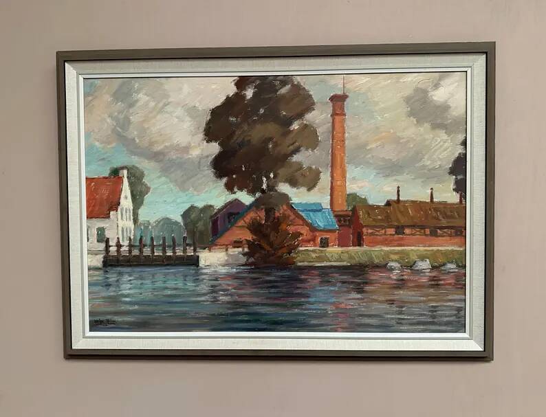 Original Swedish Oil on Panel - "Coastal Village" by Helge Andersson - Dated 1965 - Framed - 86 × 64 cm