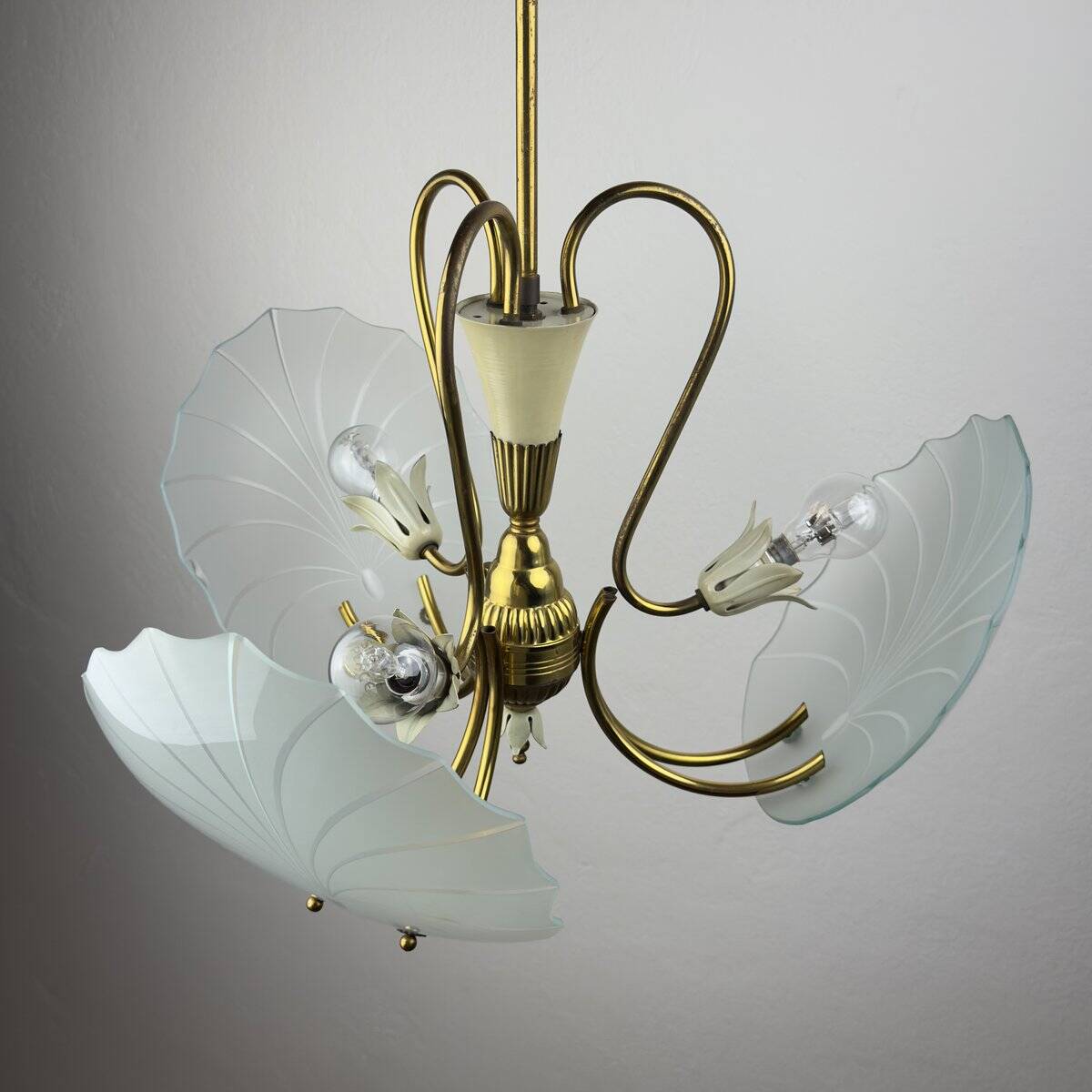 Antique brass and glass chandelier in the style of Pietro Chiesa for Fontana Arte, Italy, 1930s.
