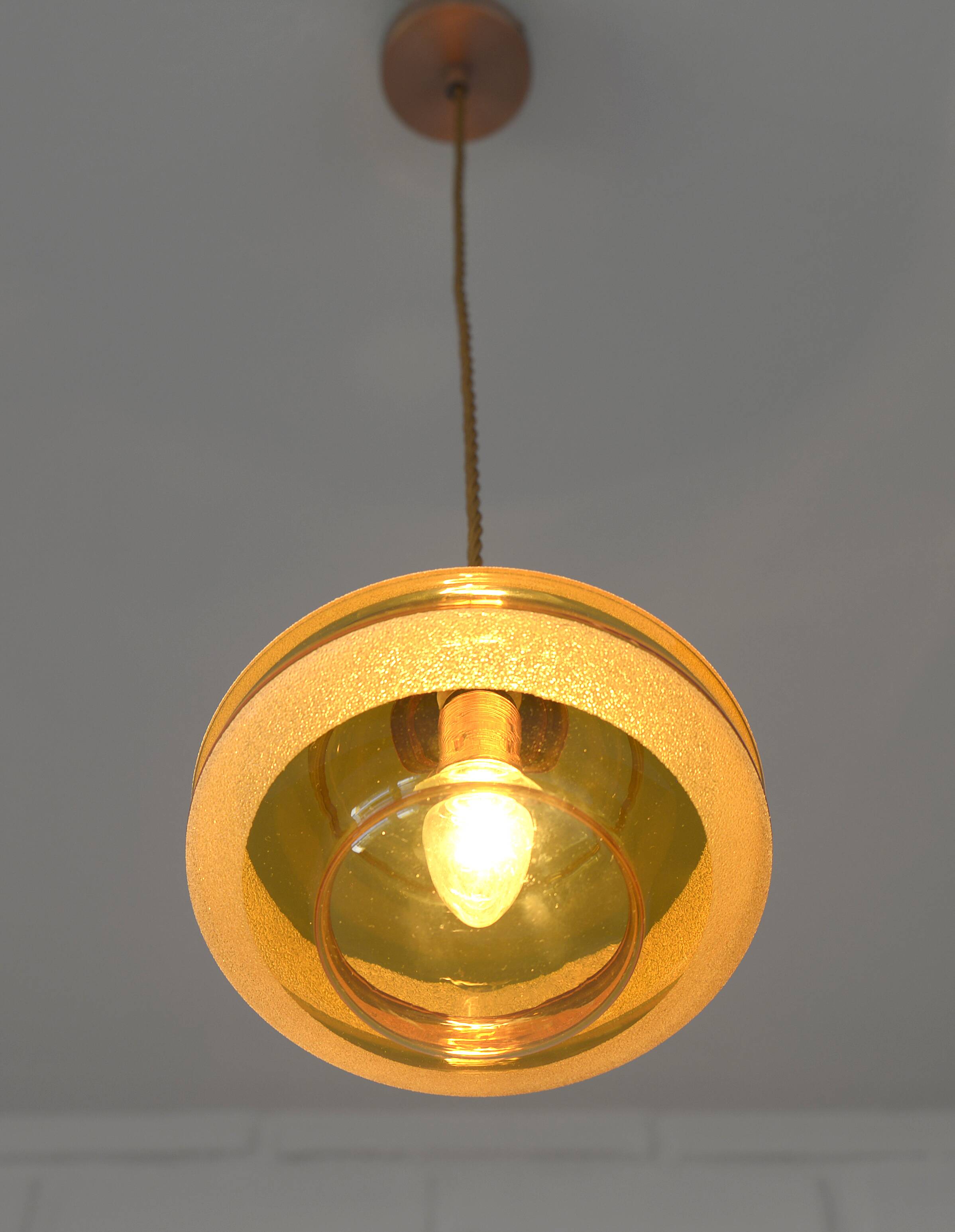 1 of 2 hand blown amber glass pendant lamp / redesign vintage hanging light