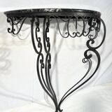 Wrought iron and black marble console, side table