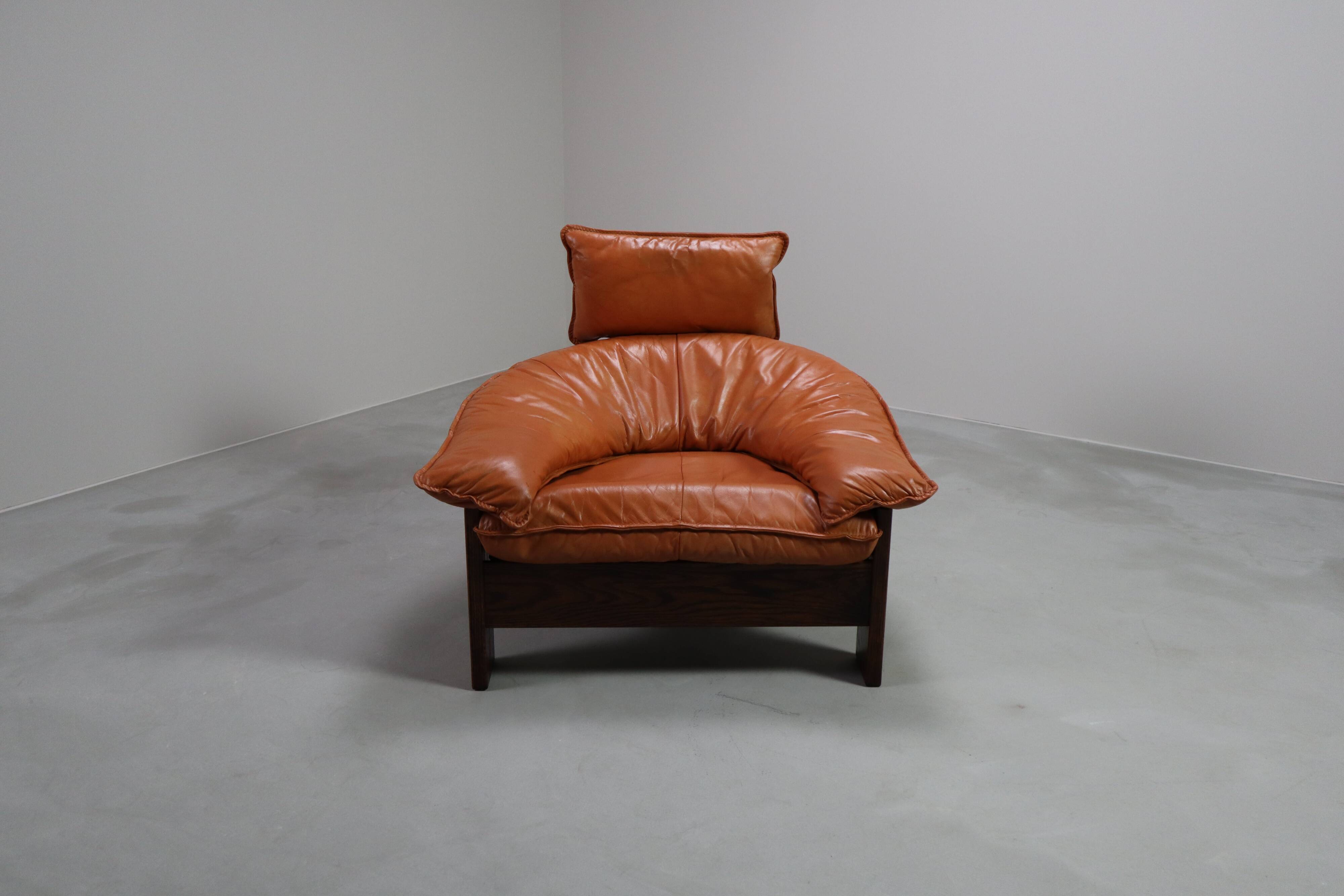 Vintage tripod lounge chair in leather, rattan and oak, Netherlands