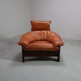 Vintage tripod lounge chair in leather, rattan and oak, Netherlands