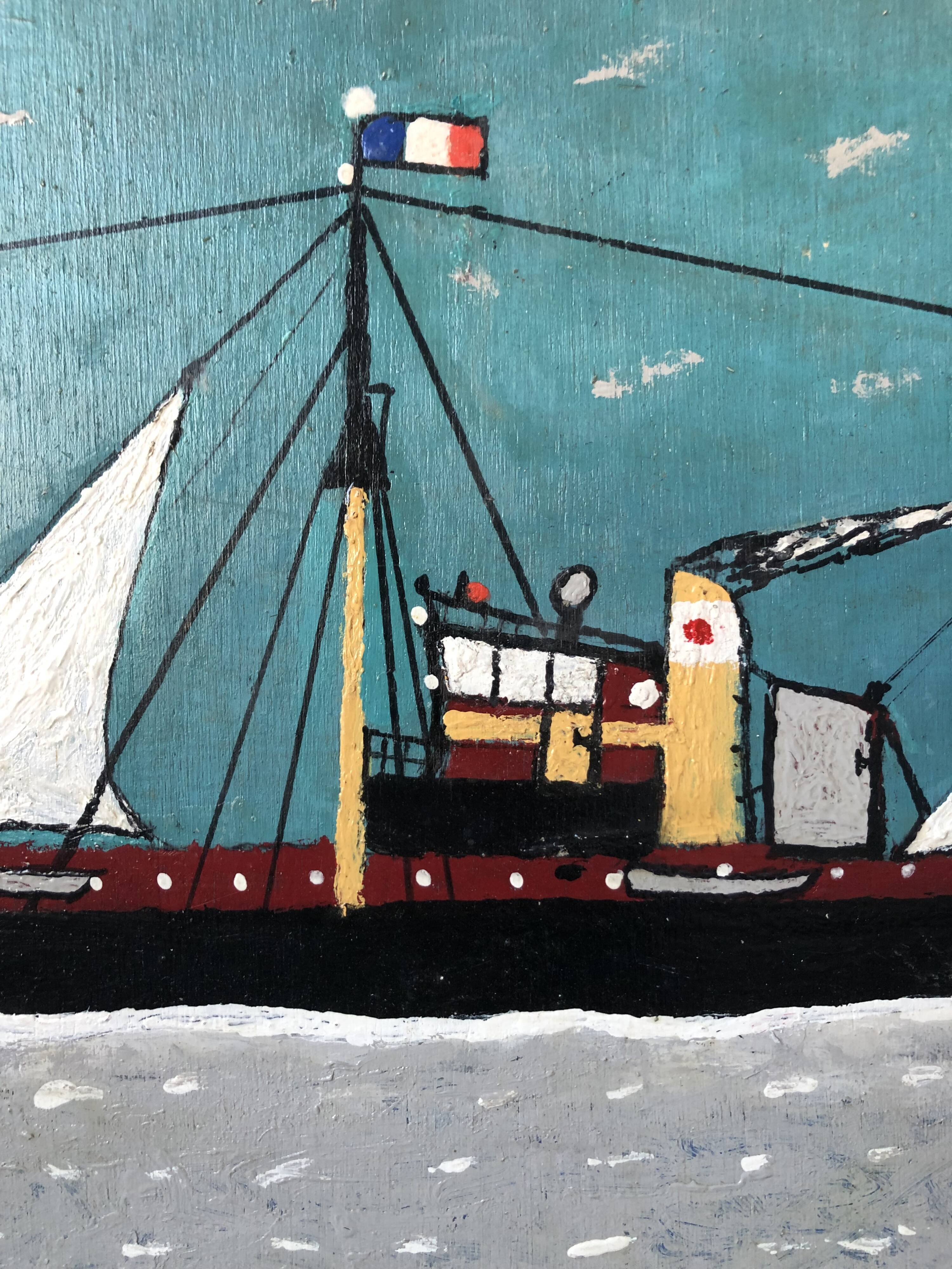 Painting oil on marine panel boat folk art naïve art 1930