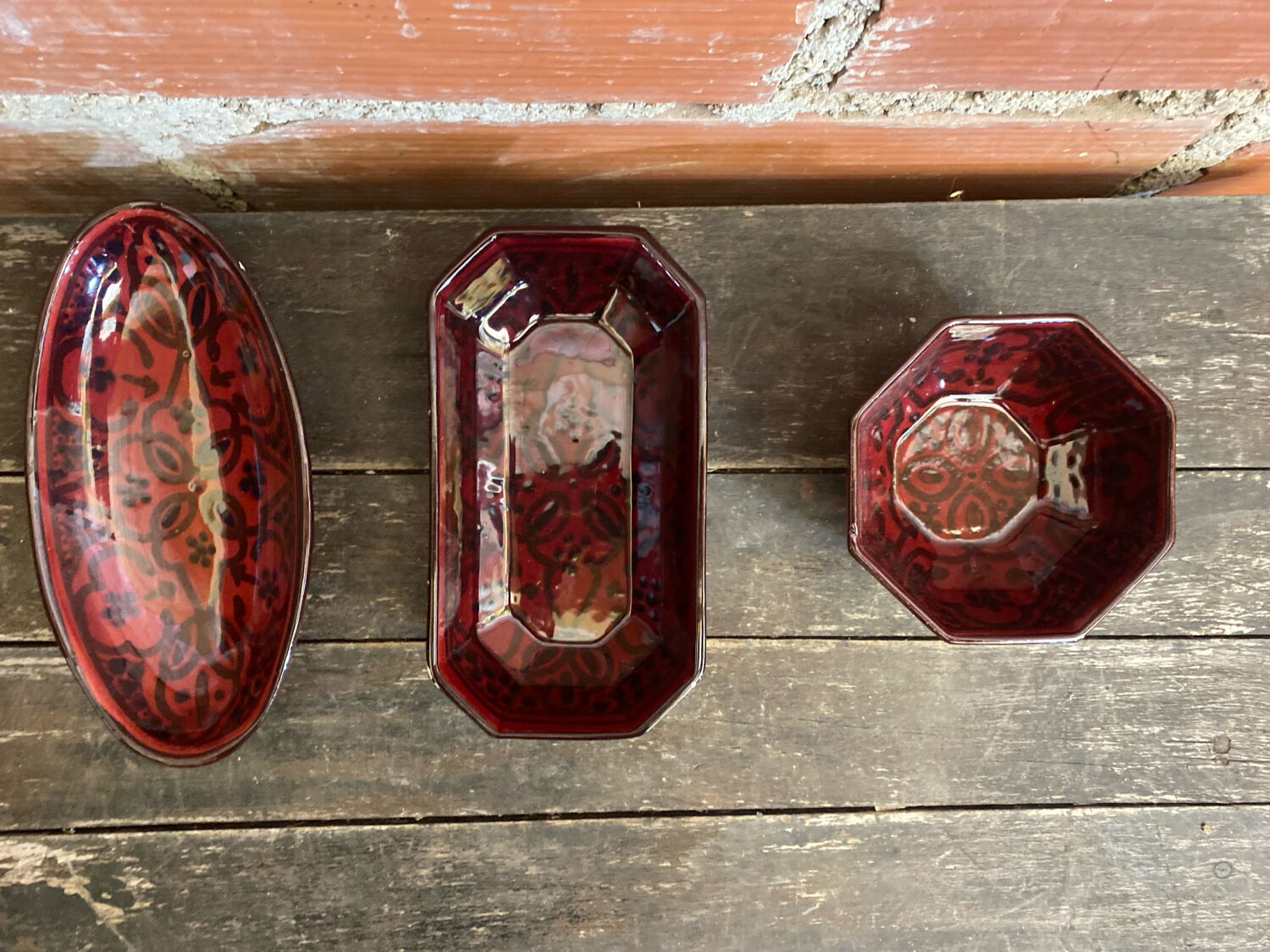 Set of 3 Vintage Red Oriental Ceramic Pocket Vases with Black Decor