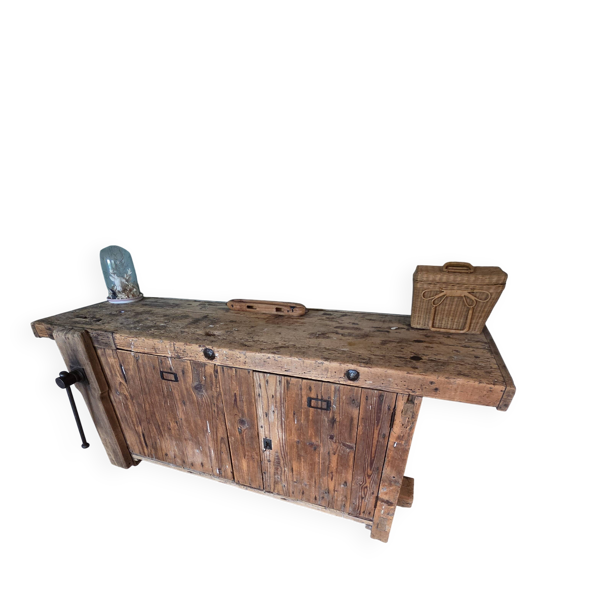 Établi de menuisier ancien en chêne et hêtre - 19ème -Modèle rare à caisson