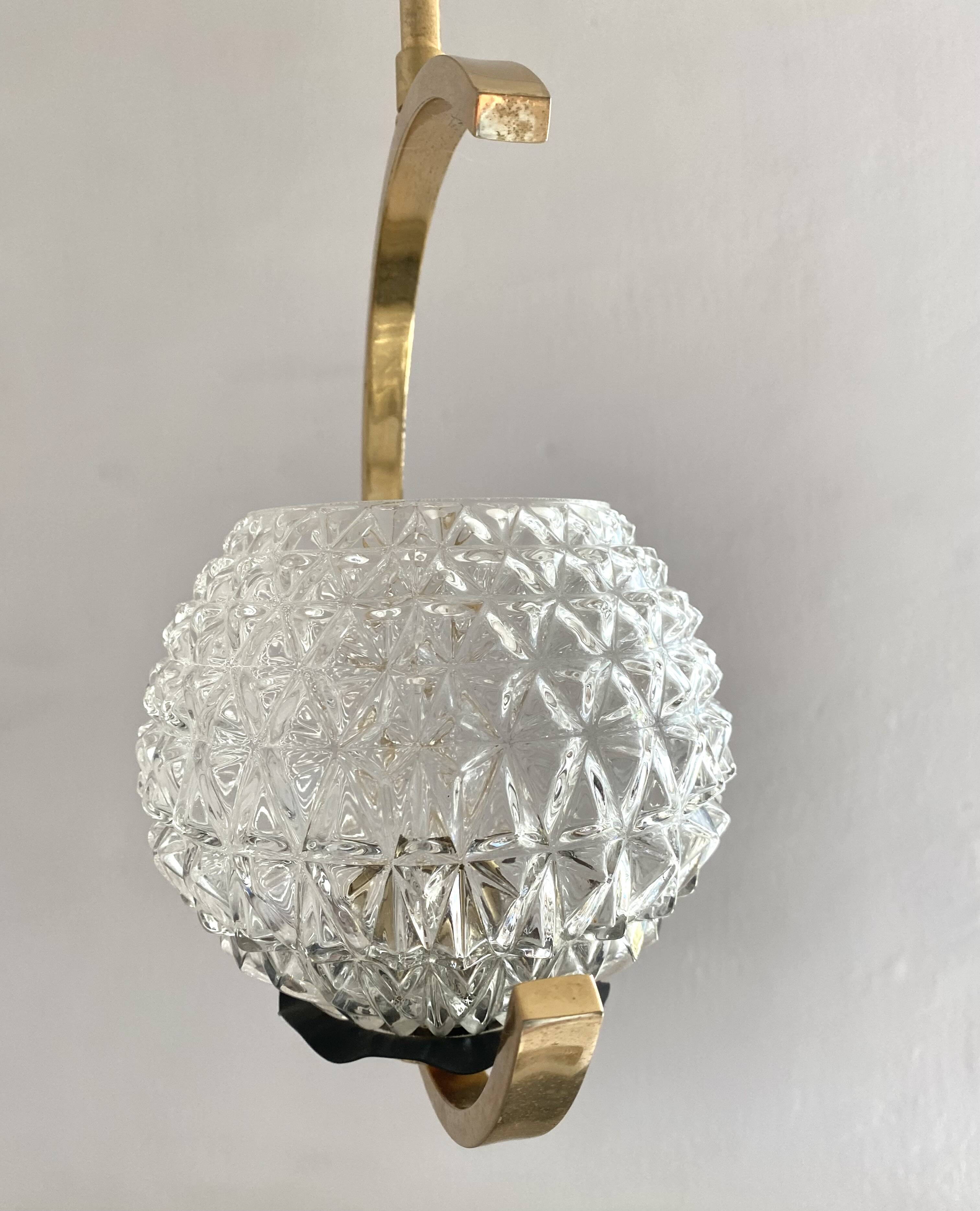 60s Arlus style pendant light, brass and glass