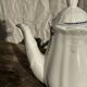 White earthenware teapot with blue and silver trim H22.5