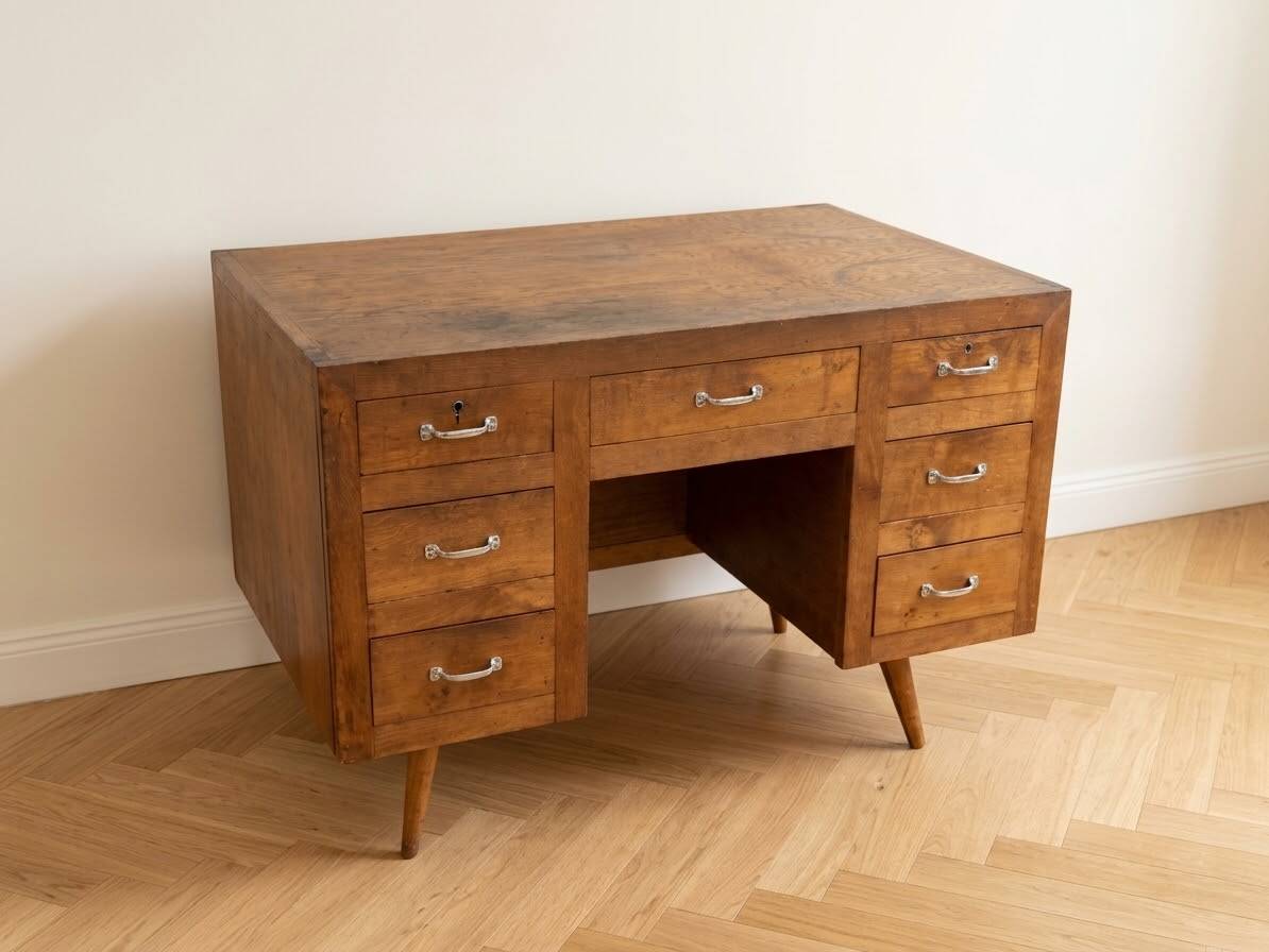 Vintage Scandinavian desk in waxed wood with 7 drawers.