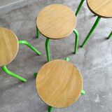 Set of 4 vintage green metal and wood stools