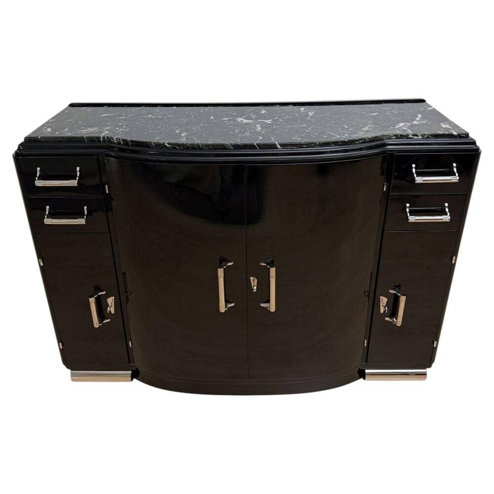 Art Deco sideboard in black lacquer, nickel, marble and mahogany, 1930s