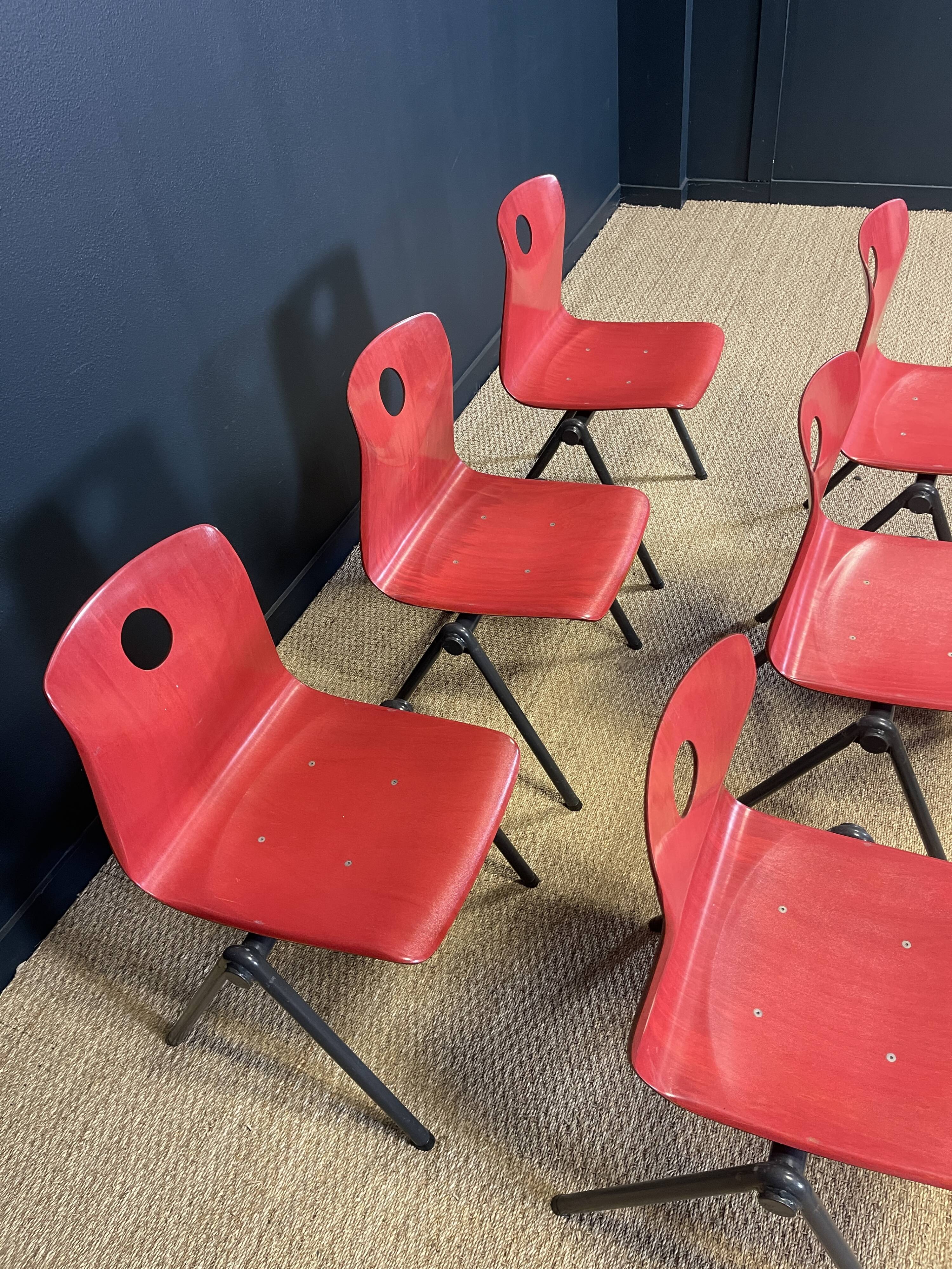 Set of 12 Galvanitas S30 raspberry red and grey steel chairs from the 70s