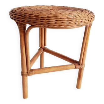 1960s Handmade Vintage French Riviera Wicker & Bamboo Side Table