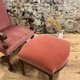 Armchair Voltaire or shepherdess and foot rest in pink velvet Louis XVI