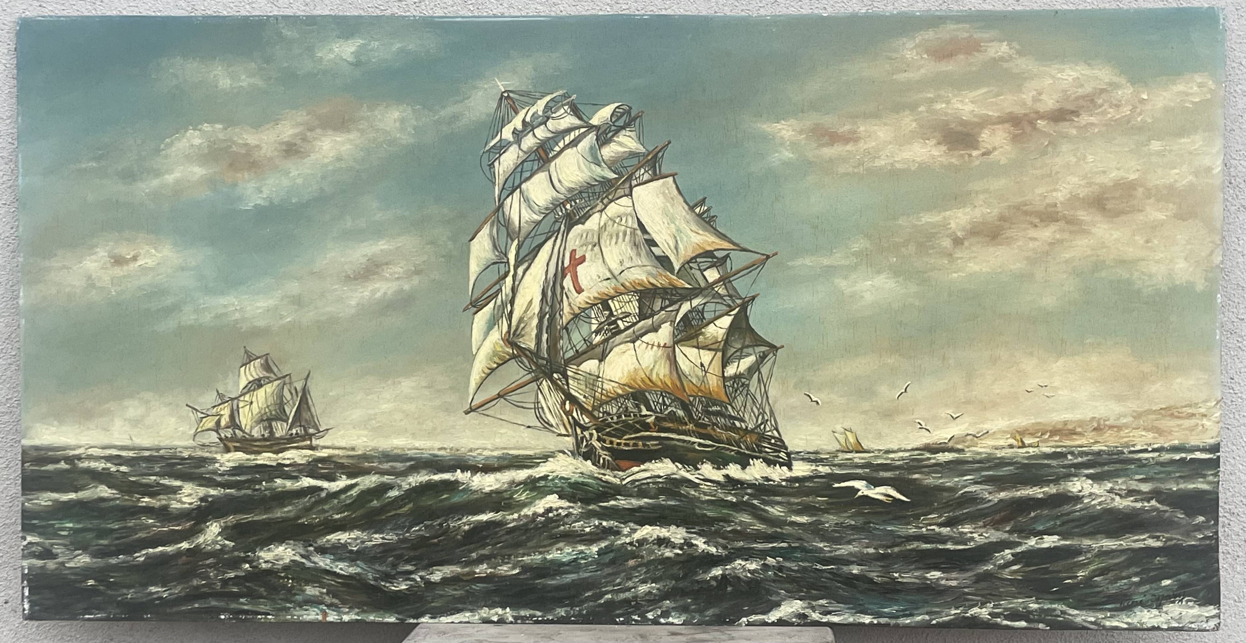 Oil on panel galion by rene mary marine 89 x 45 cm