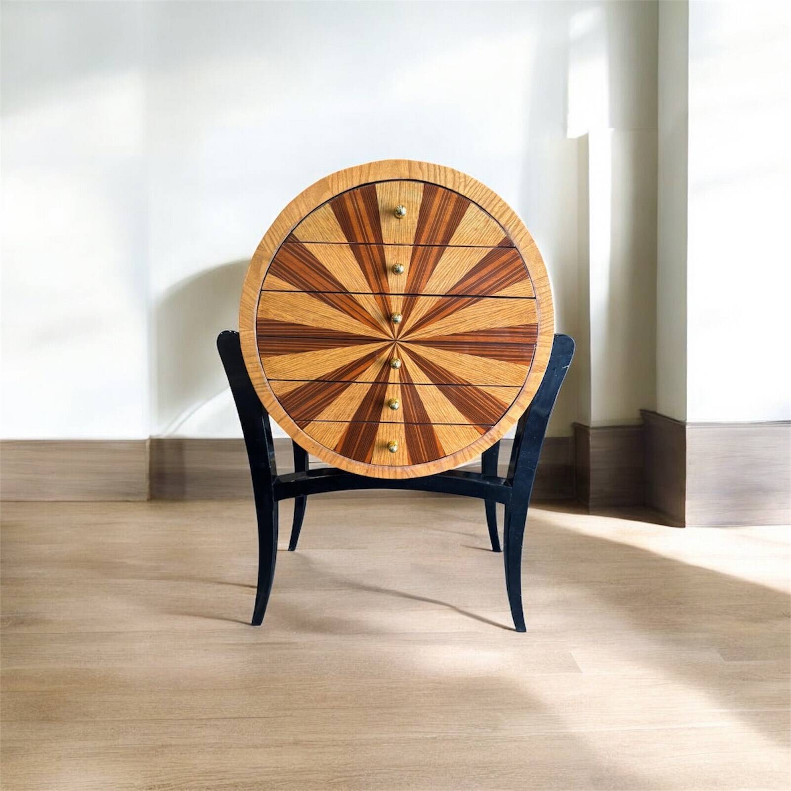 Commode artisanale de style Art déco en palissandre et loupe d’orme
