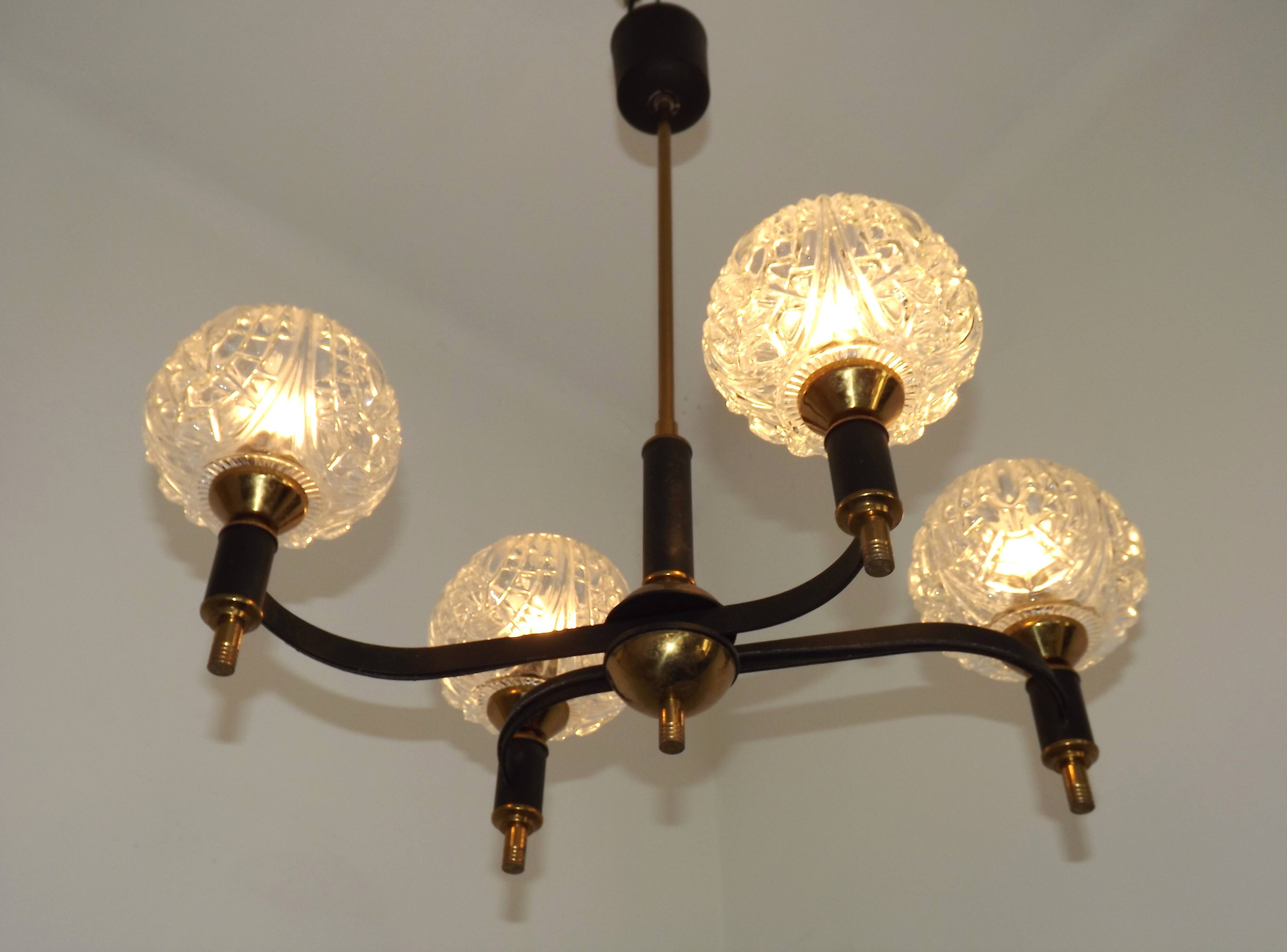 French Vintage Retro Mid Century Black & Gold 4 Arm Chandelier with Glass Shades 5015