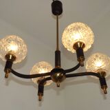 French Vintage Retro Mid Century Black & Gold 4 Arm Chandelier with Glass Shades 5015