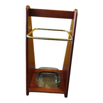 Vintage Italian umbrella stand in wood, brass and glass by Bormioli Roc
