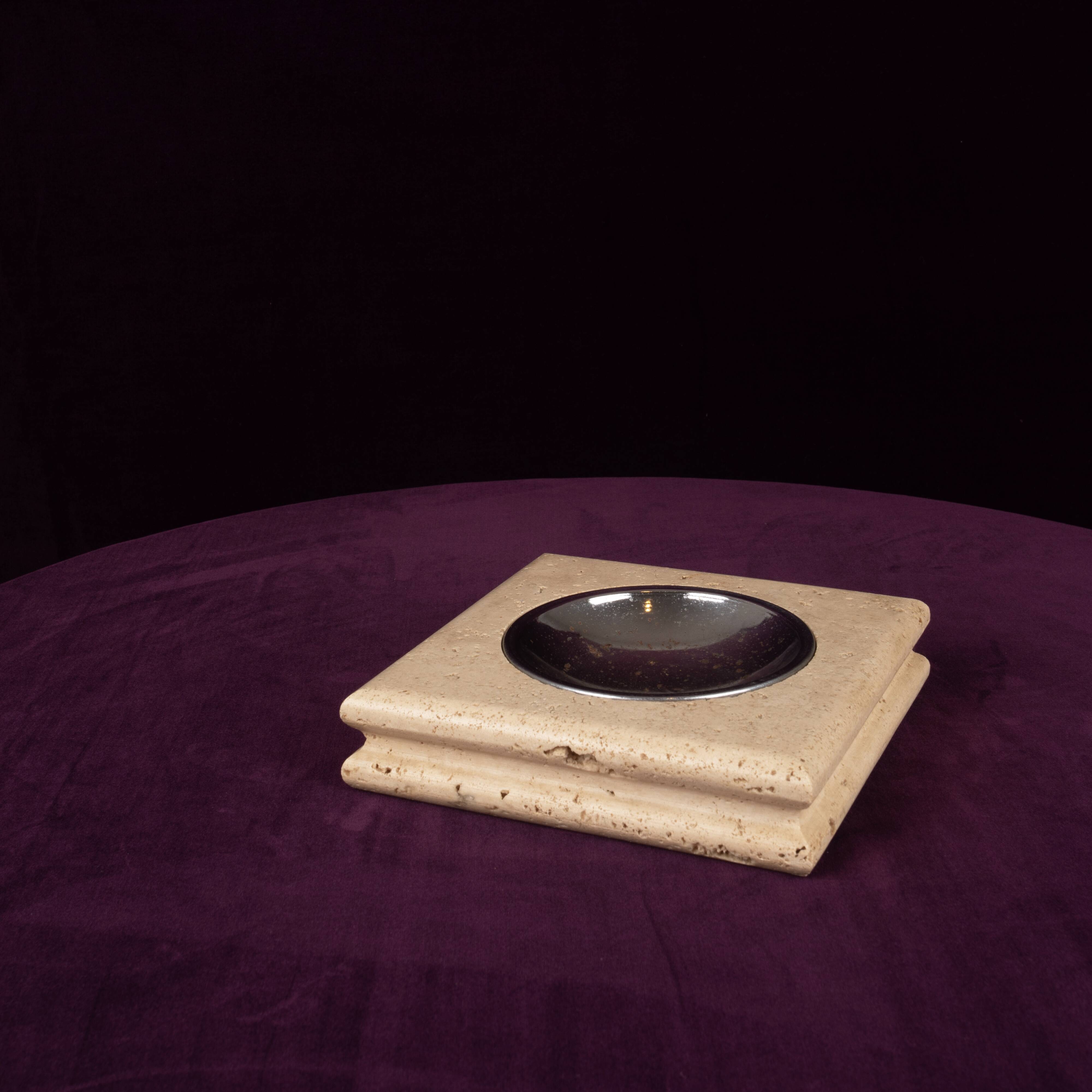 Square Italian Travertine Ashtray with Removable Metal Dish 1970