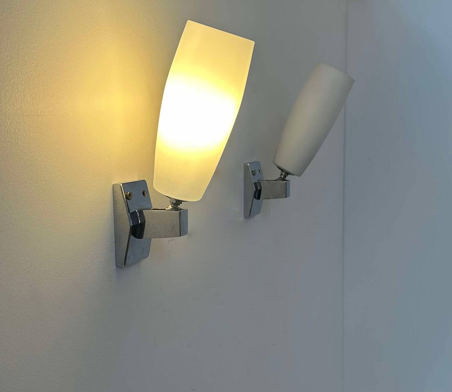 Pair of vintage adjustable wall lights, chrome and opaline, France 1970