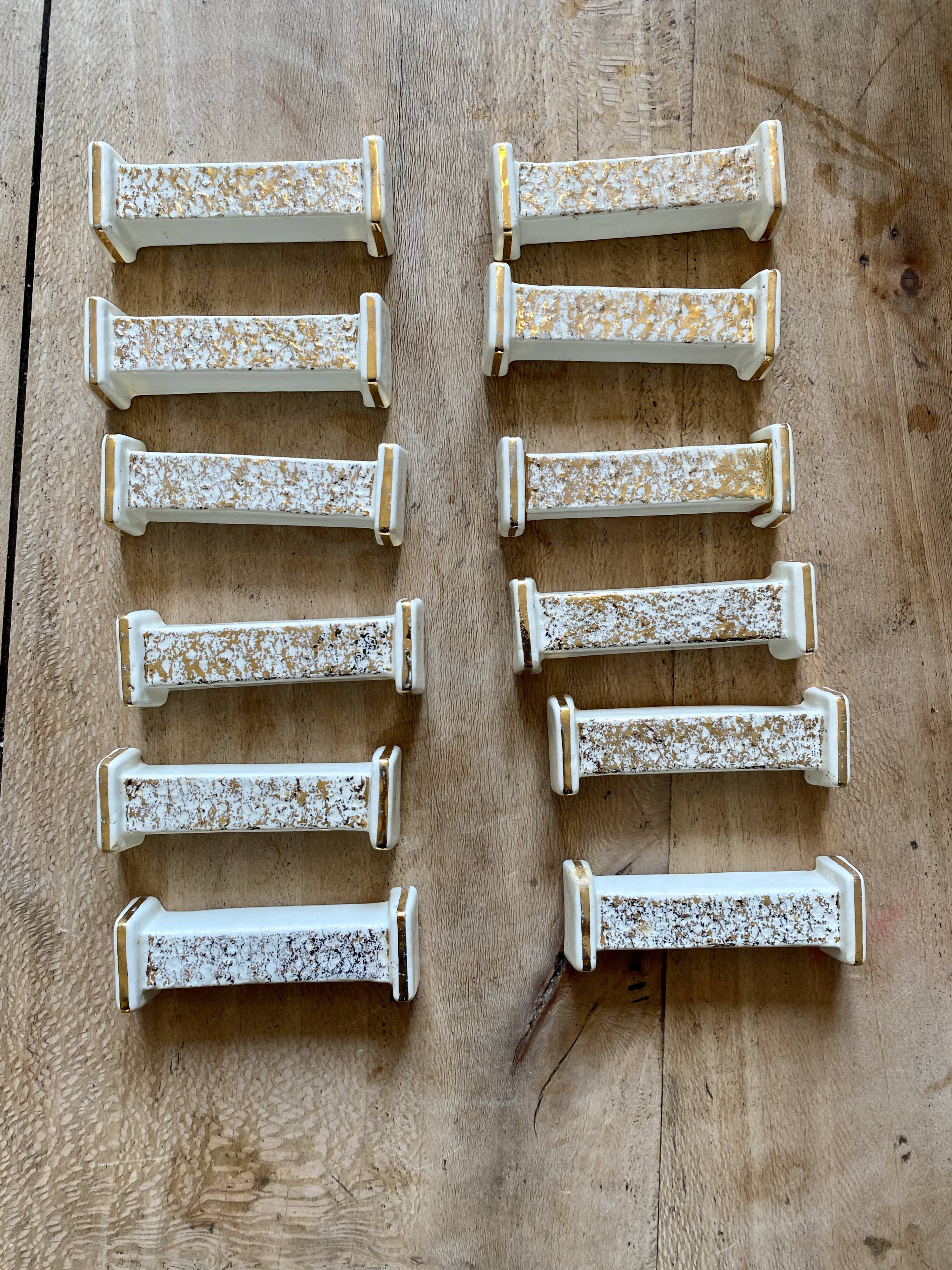 Set of 10 vintage art deco knife holders in white and gold ceramic