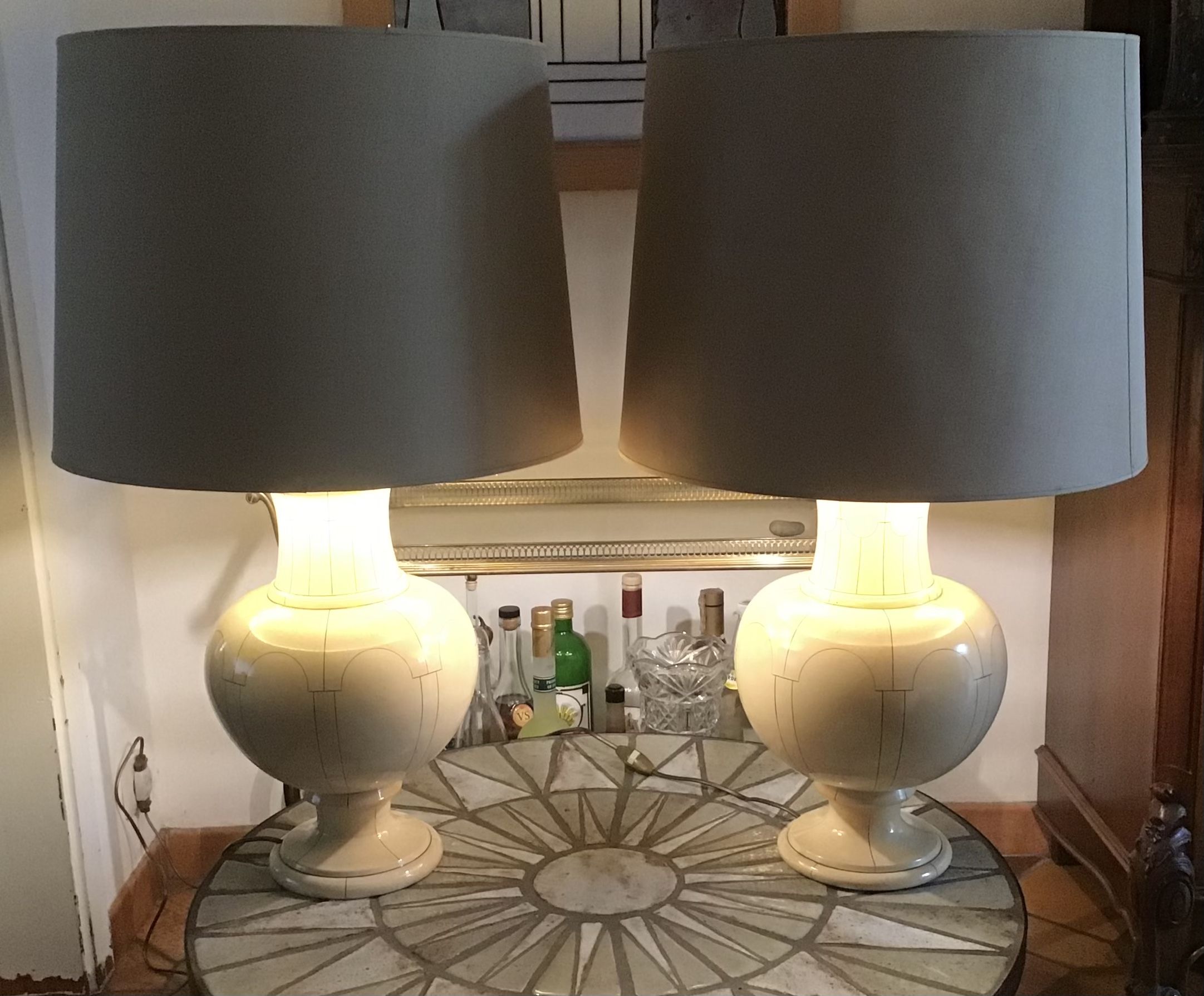 Jean Roger in Paris. Pair of ceramic baluster lamps decorated with arches and ivory imitation