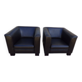 2 Fauteuils club dossier assise ferment en simili cuir chocolat et pied bo