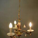 Small Italian Bronze Chandelier with Porcelain Flowers and its 2 Wall Sconces