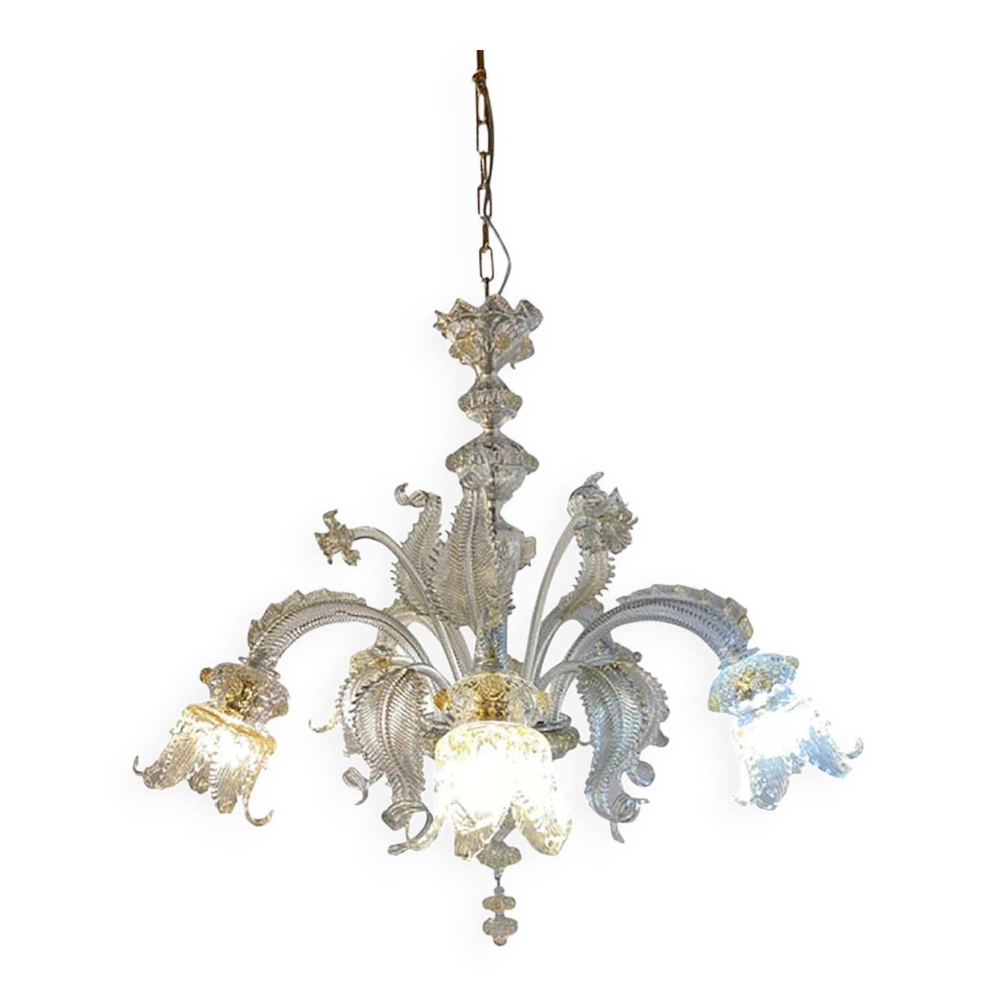 Glass Clear and Gold Chandelier With Flowers and Leaves