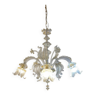 Glass Clear and Gold Chandelier With Flowers and Leaves
