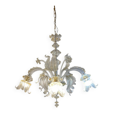 Glass Clear and Gold Chandelier With Flowers and Leaves