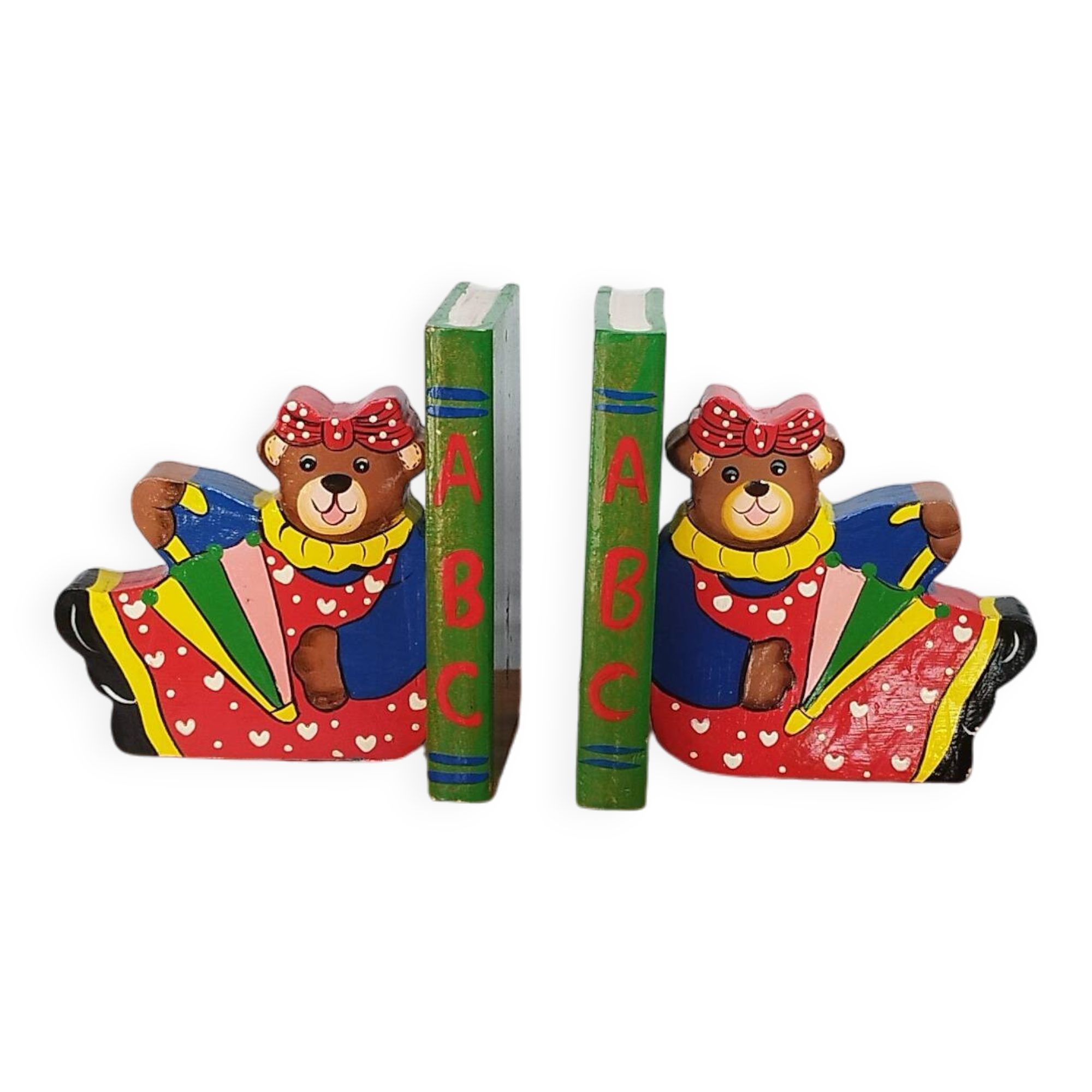 Vintage wooden bookends for kids, bear & books polychrome
