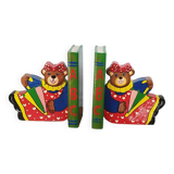 Vintage wooden bookends for kids, bear & books polychrome