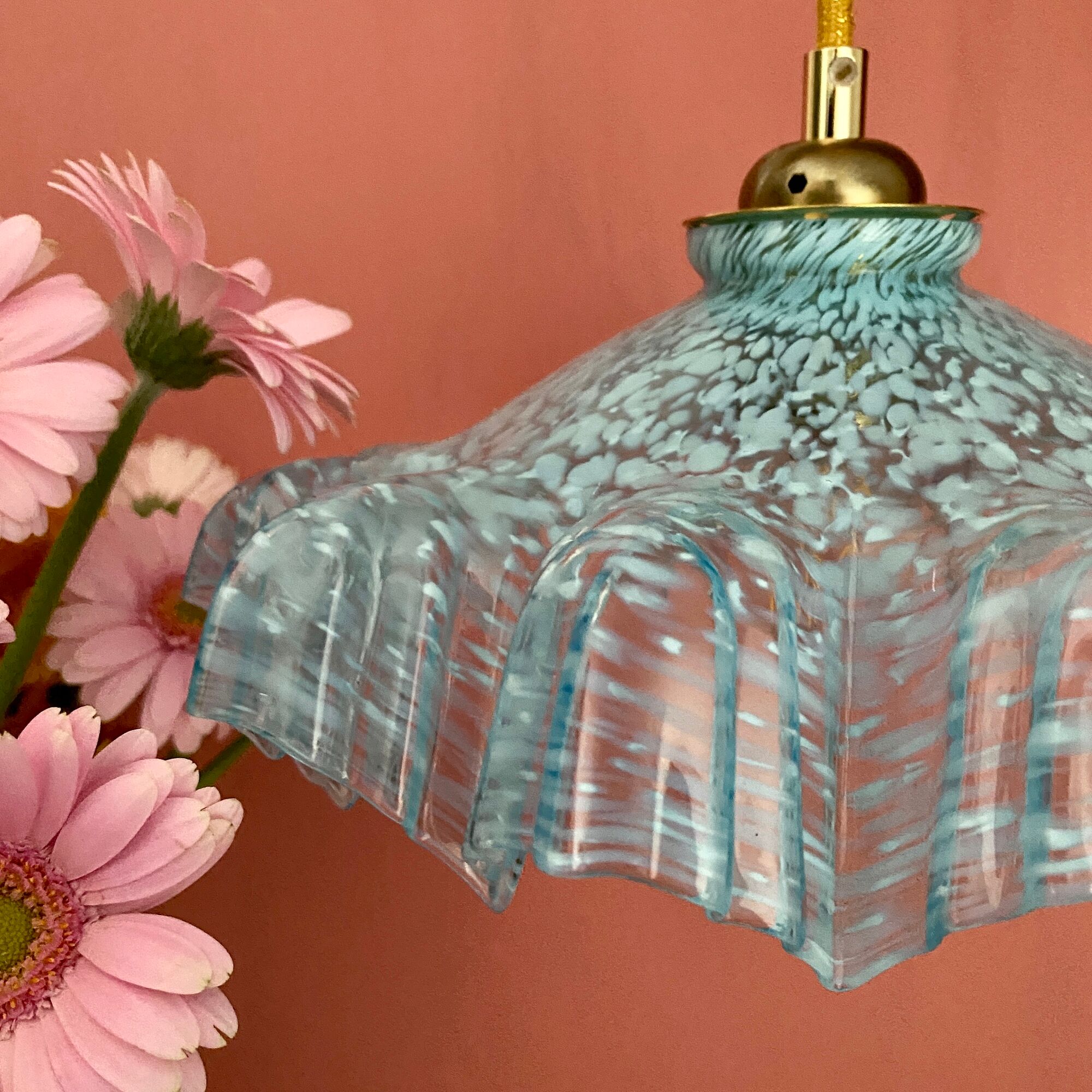 Vintage aabt-jour pendant lamp in blue Clichy glass