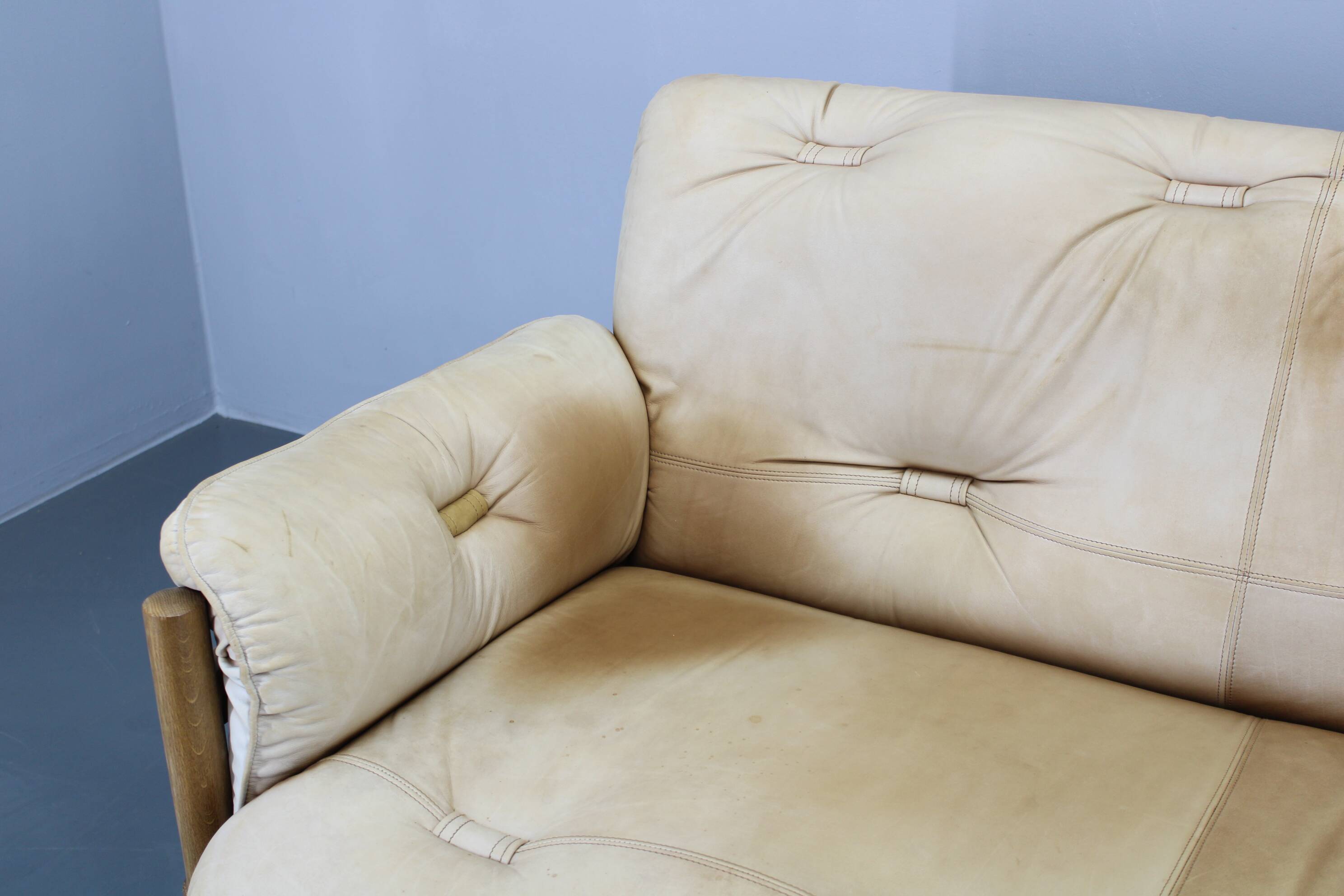 1960s Oak Scandinavian 3-Seater Sofa in Fine Leather Upholstery