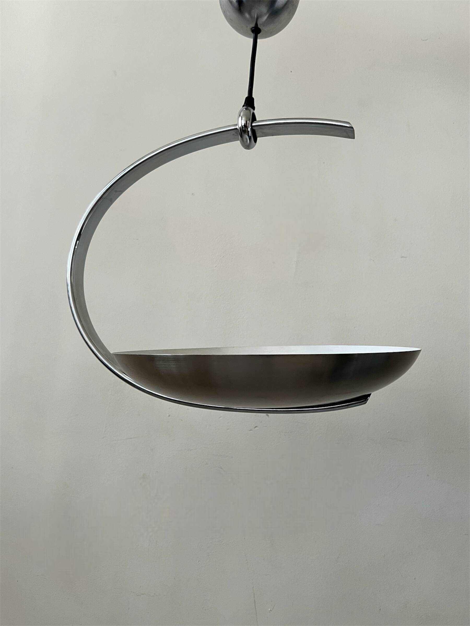 "Les Actuelles" chrome metal arc design pendant light by Lucien Gau, Paris 1960