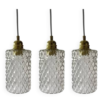 Set of three chiseled glass pendant lights of Scandinavian origin