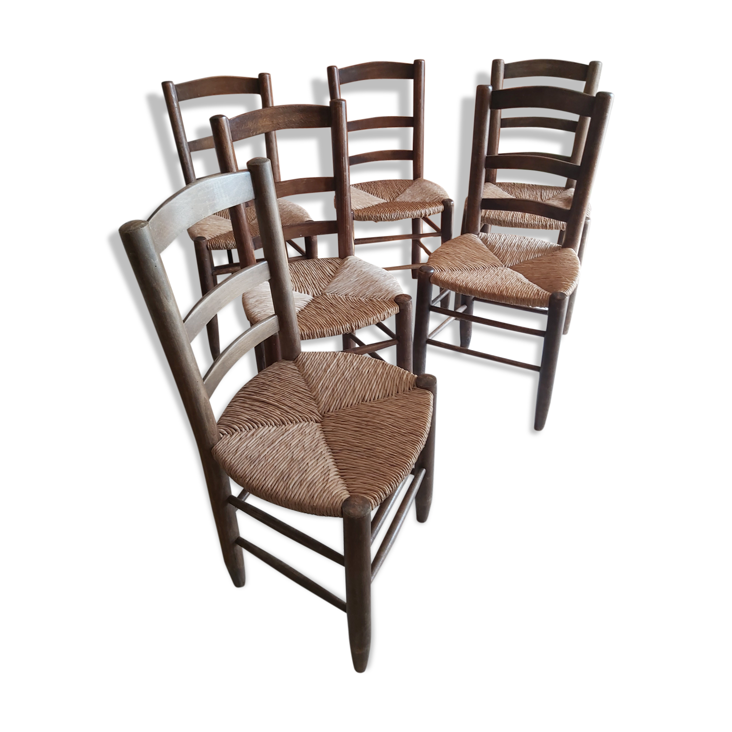 Set of 6 wooden chairs and 50s straw