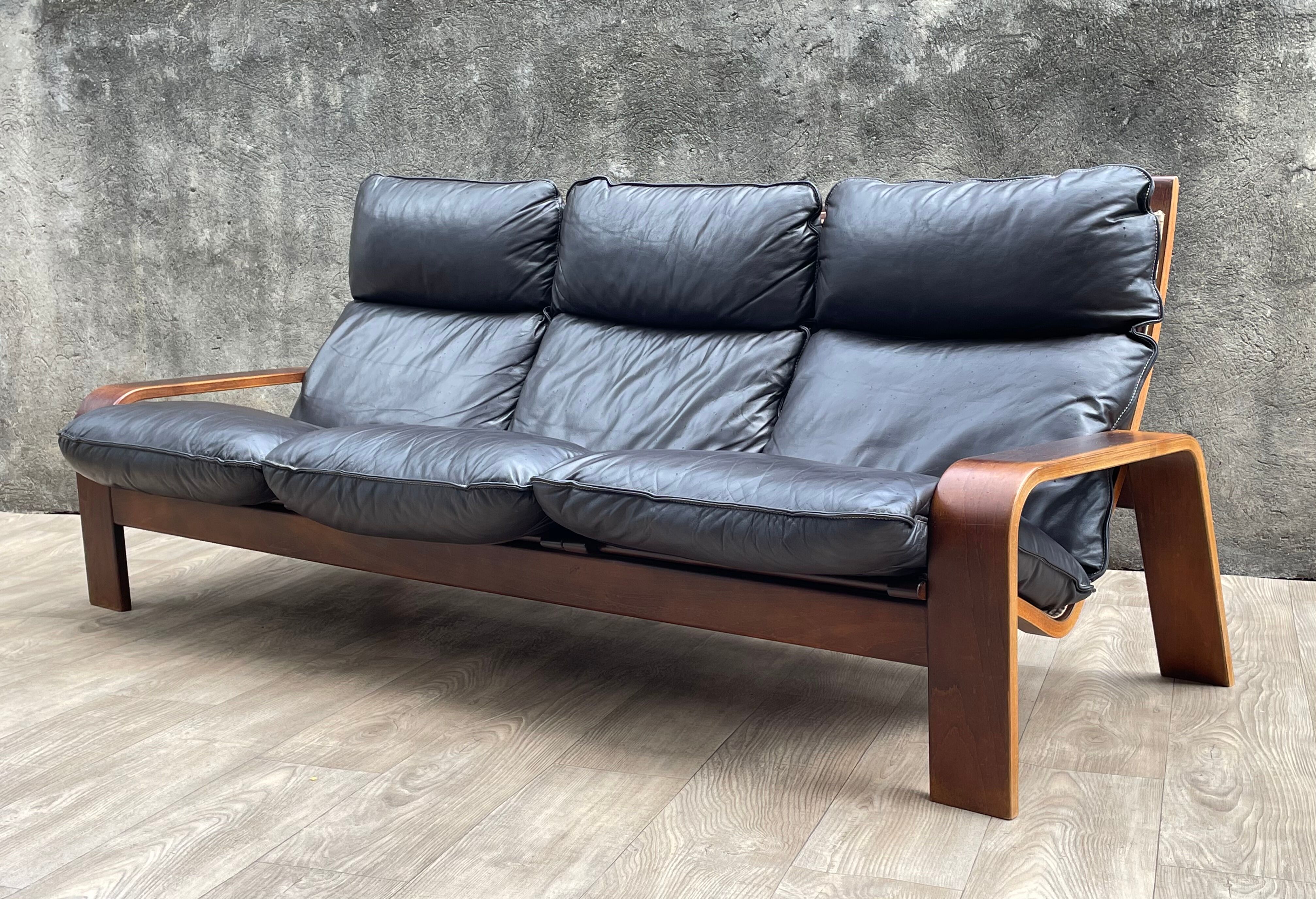 Scandinavian wooden and leather sofa, 1970s