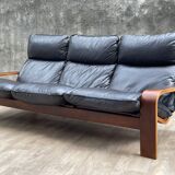 Scandinavian wooden and leather sofa, 1970s