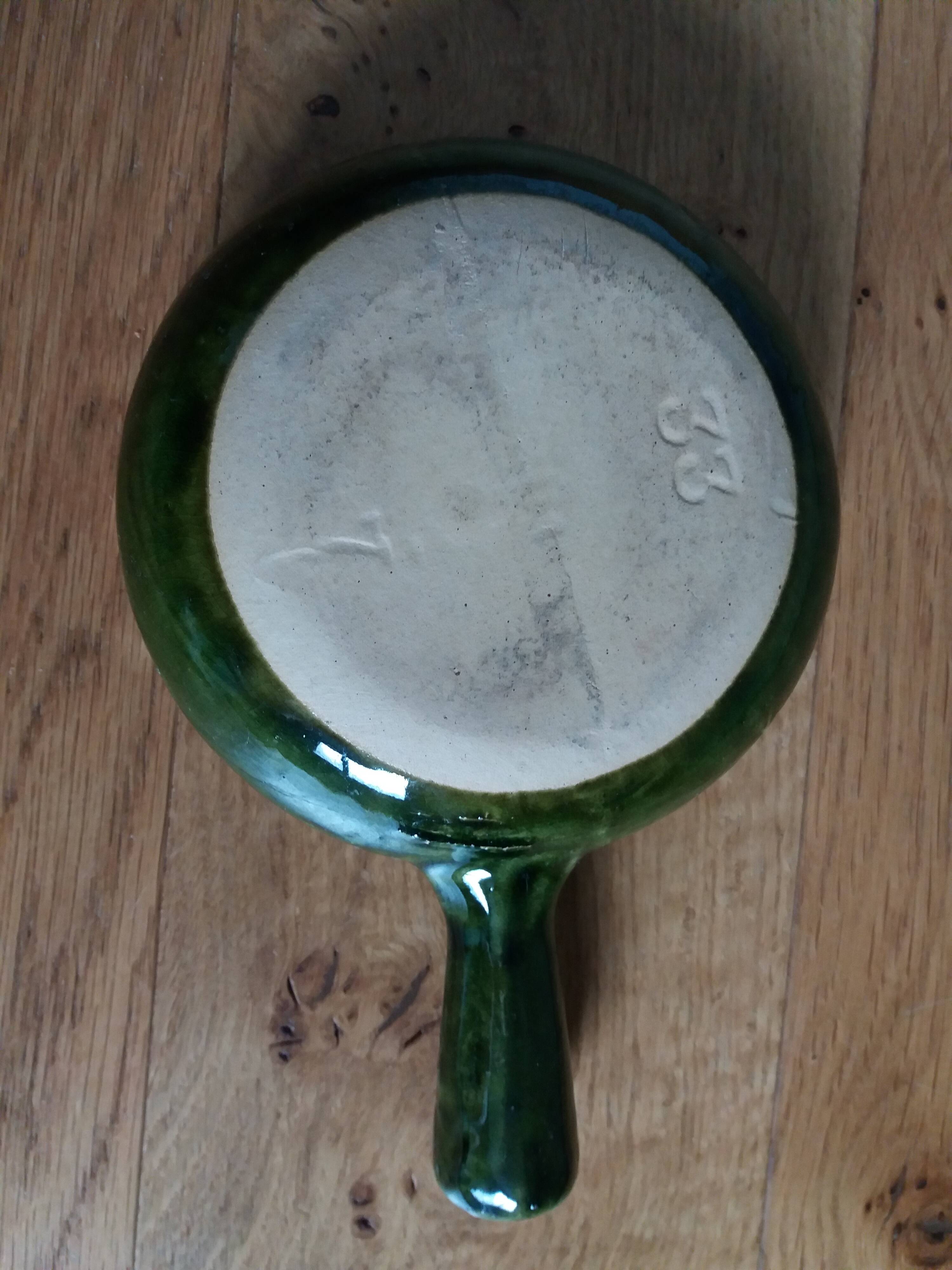 Olive green glazed terracotta fondue pot