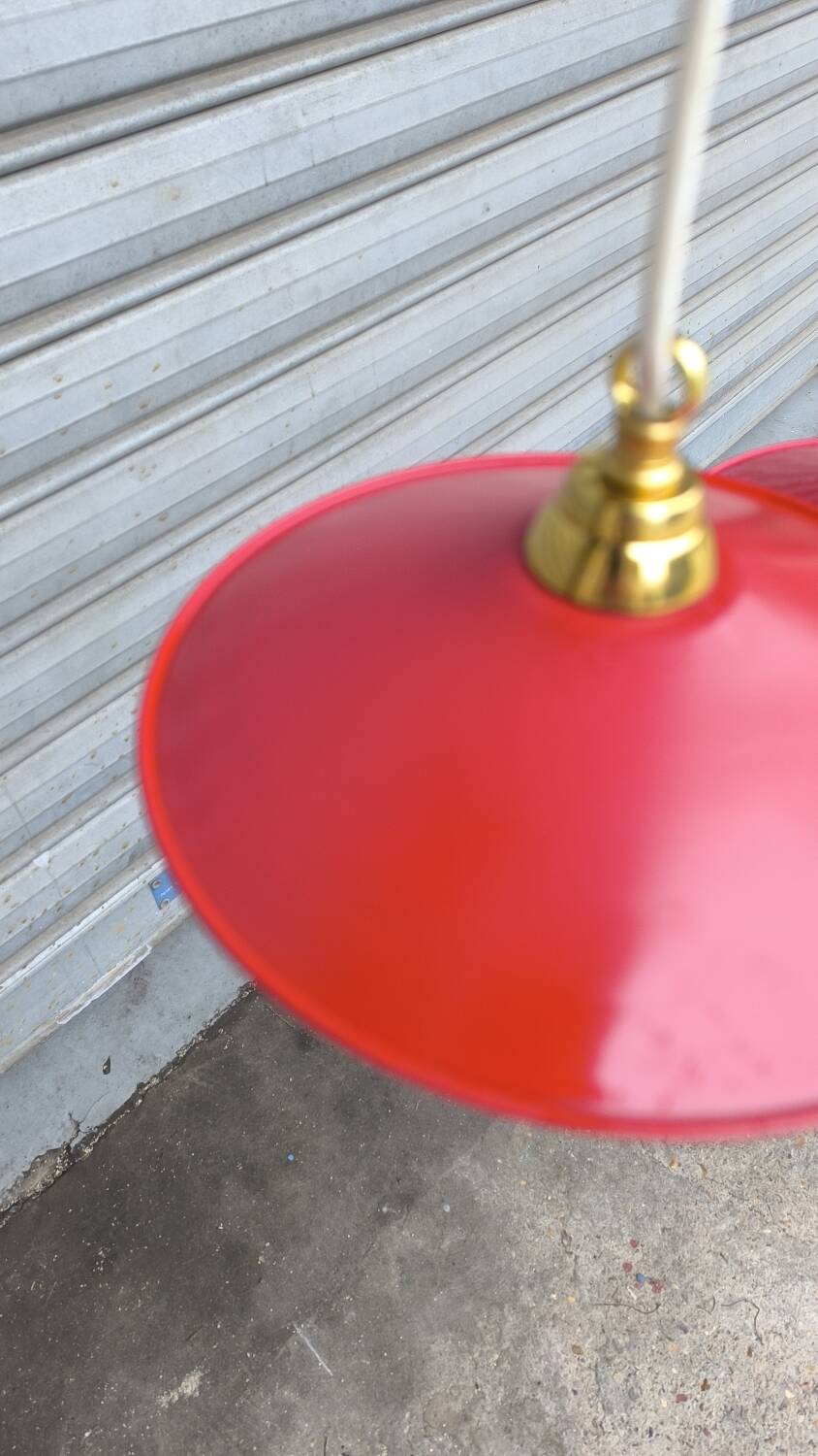 Pair of enamelled sheet metal and glass pendant lights
