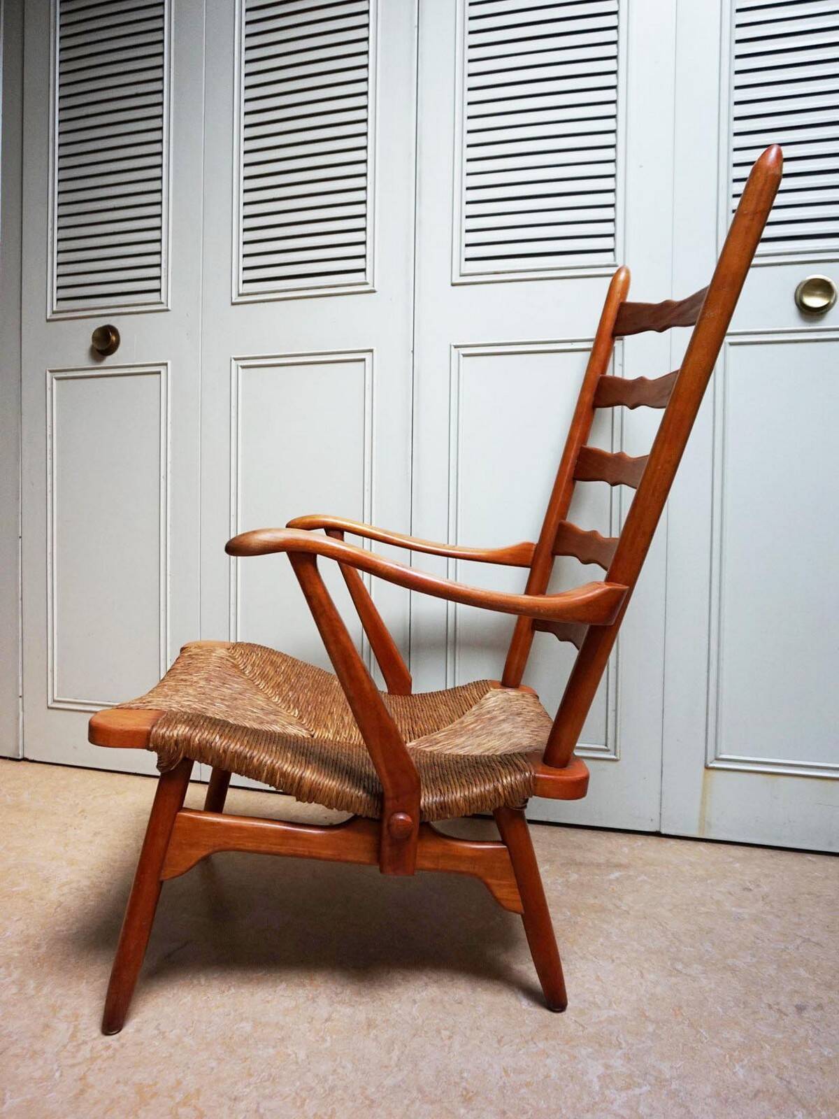 Fauteuil à dossier haut en osier des années 50 néerlandais par De Ster Gelderland