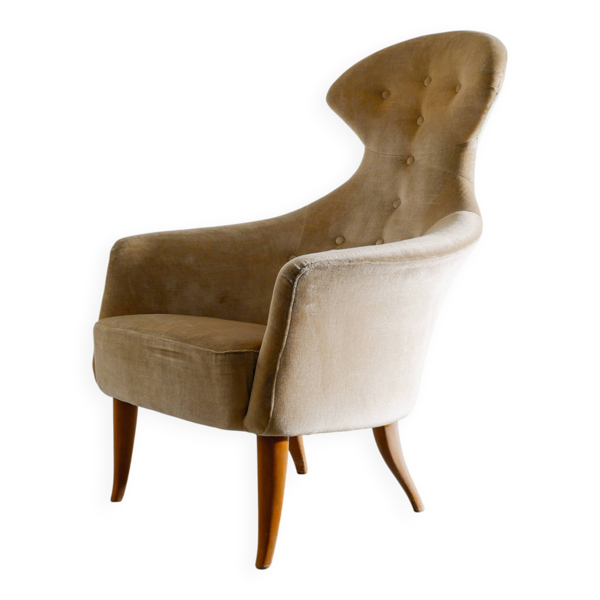 Vintage Swedish Armchair in Wood & Velvet by Kerstin Hörlin-Holmquist 1950s