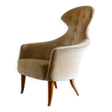 Vintage Swedish Armchair in Wood & Velvet by Kerstin Hörlin-Holmquist 1950s