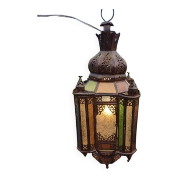 Suspension lanterne Afrique du Nord laiton et verre de couleurs
