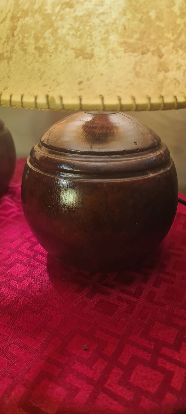 Paire lampe boules bois 1960 abat jour parchemin électricité refaite 33x17