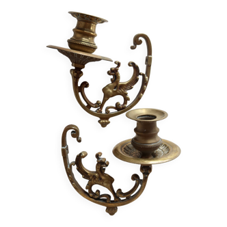 Pair of wall candle holders in brass – griffin decor – antique style