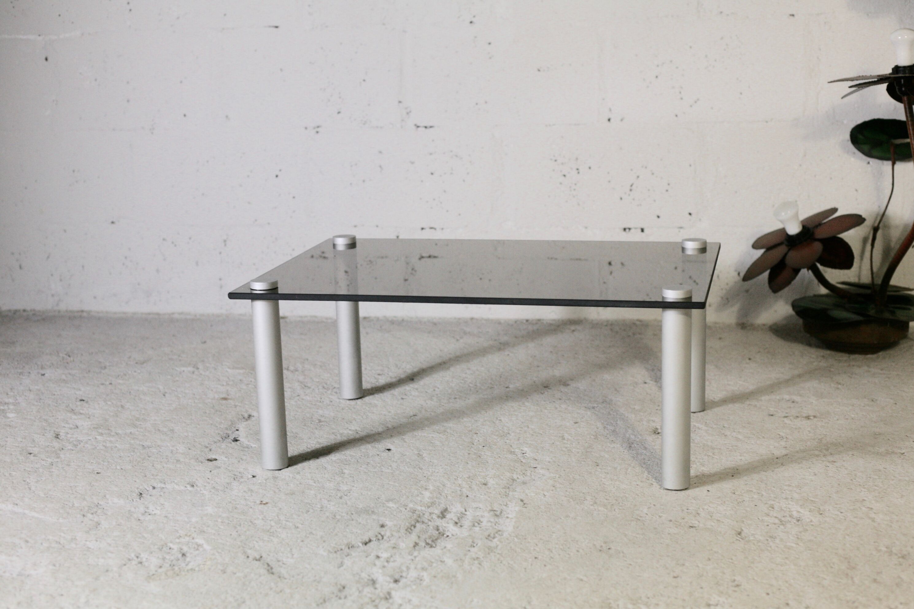 Coffee table cylindrical footings, tray smoked glass, circa 1970