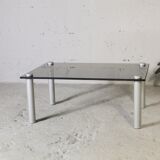 Coffee table cylindrical footings, tray smoked glass, circa 1970